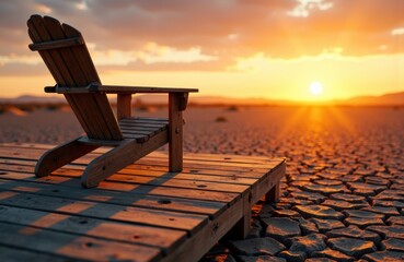 A wooden lounge chair on a dock overlooking a sunset at the beach