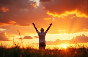 A person standing in a field with arms raised towards a vibrant sunset sky