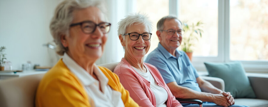 Three happy seniors sit together indoors, smiling, enjoying companionship in comfortable setting. Elderly man in wheelchair joins two women. Scene shows positive aging, social connection within care