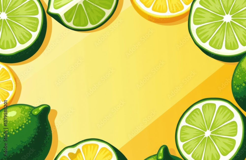 Poster lemon and lime slices arranged around a blank space on a yellow background