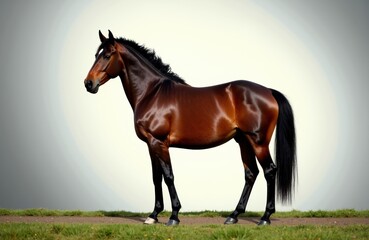 A brown horse standing on grass in a studio setting with a plain background
