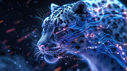 Cyberpunk Neon Leopard Futuristic Digital Artwork with Glowing Blue and Pink Lights in Sci-Fi Fantasy Style