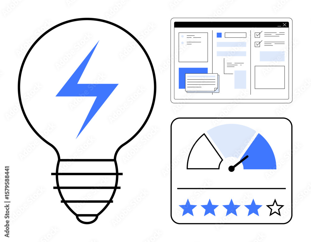 Poster light bulb with a lightning bolt, web page interface, and gauge with star rating. ideal for innovati
