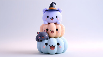 Stacked Kawaii Pumpkins with Witch Bear and Cat Companions