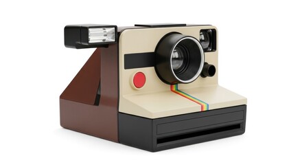 Fototapeta premium A vintage instant camera with a flash attachment, featuring a classic design and rainbow stripe detail.