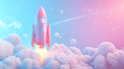 Cartoon Rocket Soaring Through Stars and Pastel Clouds