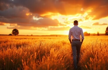 Fototapeta premium A man walking through a golden wheat field at sunset with a vibrant sky and dramatic clouds