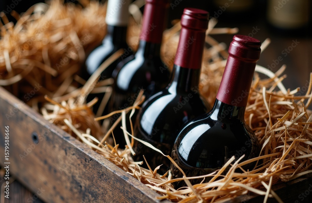 Poster three bottles of red wine nestled in straw inside a rustic wooden crate