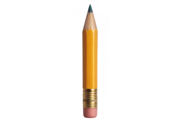 Short yellow pencil with used dark green tip and pink eraser on transparent background, ideal for educational or creative projects