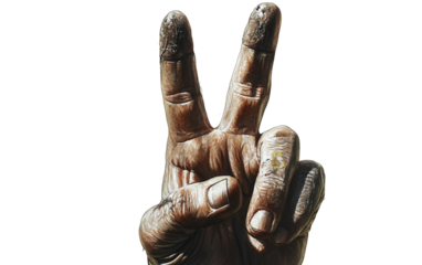 Detailed view of hand making a peace symbol with two fingers raised as a sign of harmony and positivity isolated on transparent background PNG