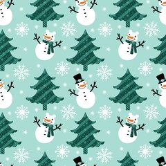 Christmas tree seamless snowman pattern for wrapping paper and fabrics