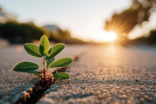 green plant sprouting from a crack in dry concrete asfalt road