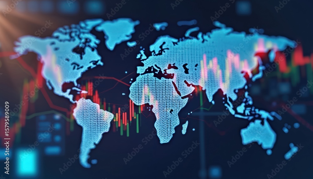 Poster global financial markets visualized on world map with dynamic data analytics trends, graphs, bright 