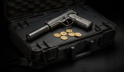 Handgun with silencer resting on hard case next to gold coins closeup