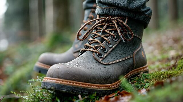 Adventurous hiker treads through misty forest in sturdy leather boots