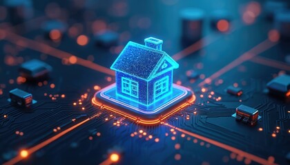 Smart home technology represented by glowing blue house icon on circuit board with orange light traces. Symbolizes connectivity, automation, innovation, and future of living in digital cyberspace.