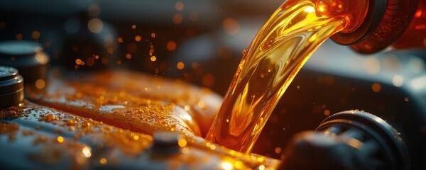 Close-up of amber engine oil pouring into automotive machinery. Smooth liquid surface, rich tones, tiny particles suspended in flow. Essential for vehicle performance, maintenance, mechanic services.