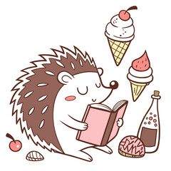 A Sleepy Hedgehog quill with reading a book in a Ice cream party theme – Scoops & Swirls palette SVG illustration