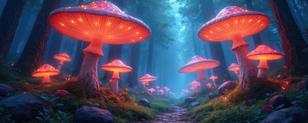 Digital art illustration of vibrant, enchanted forest scene. Large, glowing red mushrooms illuminate magical, mystical woodland path., green foliage, surreal, dreamlike atmosphere create fantasy