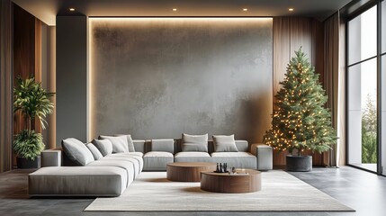 Stylish Modern Living Room With Minimalist Design and Christmas Tree in Winter