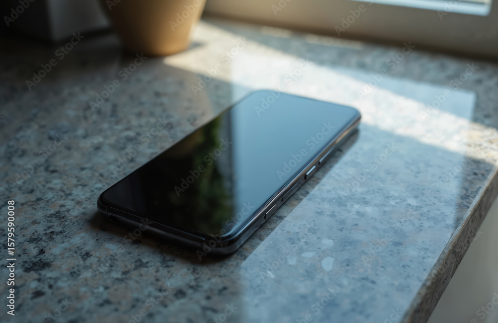Poster sleek smartphone rests on textured granite surface, bathed in soft sunlight creating subtle shadows.