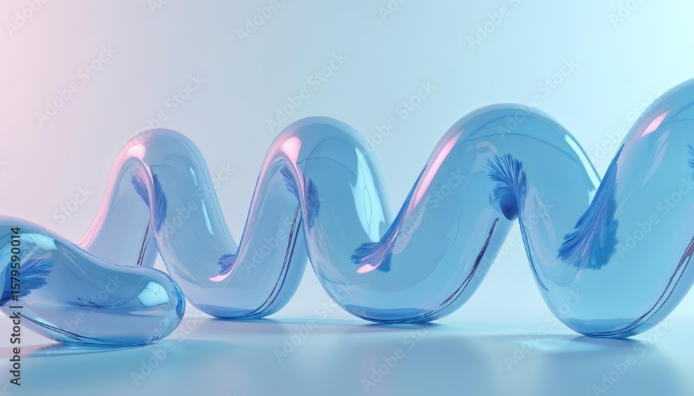 Poster abstract 3d rendering illustration featuring glossy blue glass tube twisting in spiral motion agains