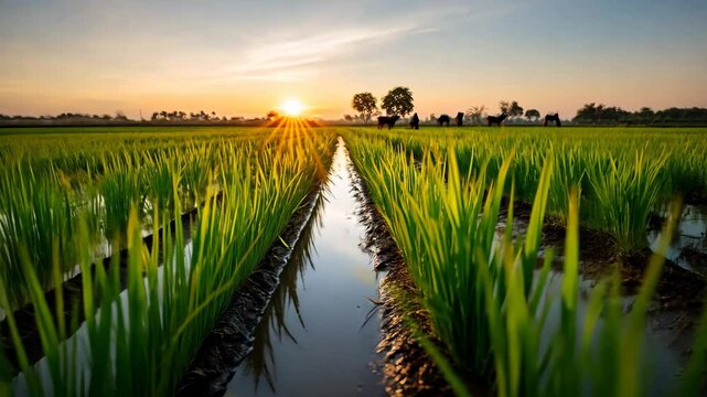 Golden sunset over lush rice paddies with reflective water channels in rural landscape