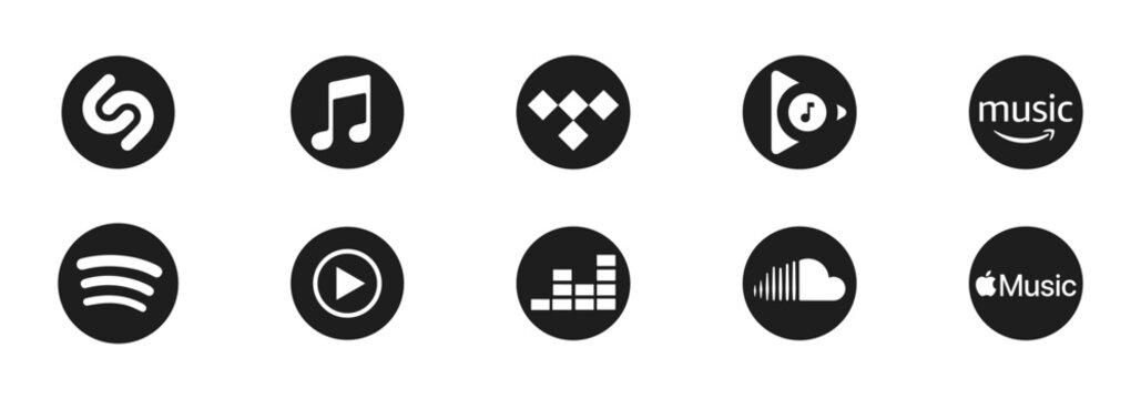 Popular music streaming servise company logo set. Amazon music, tidal, apple music, deezer, youtube music, spotify, itunes, shazam. Rivne, Ukraine - July 13, 2025