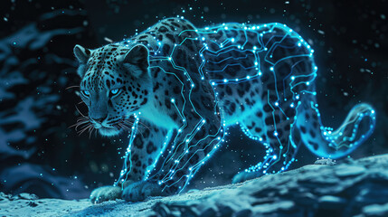 Cyberpunk Neon Leopard Futuristic Digital Artwork with Glowing Blue and Pink Lights in Sci-Fi Fantasy Style