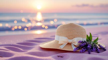 Romantic summer beach scene with elegant straw hat and lavender bouquet on pink sand, with soft ocean waves and dreamy golden sunset bokeh light in the background, peaceful vacation concept