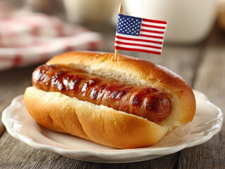 Grilled hot dog in soft bun served with small flag on white plate
