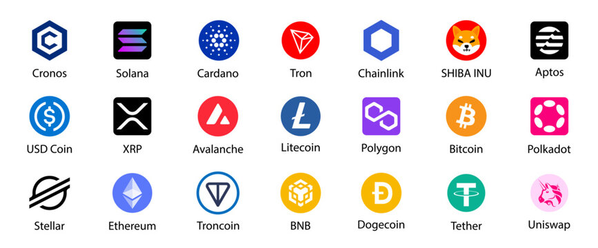 Cryptocurrency logos vector icons set. Crypto-Currency coins, Bitcoin, Ethereum, Litecoin, BNB,Teather. Cryptocurrency tokens. Rivne, Ukraine - July 13, 2025