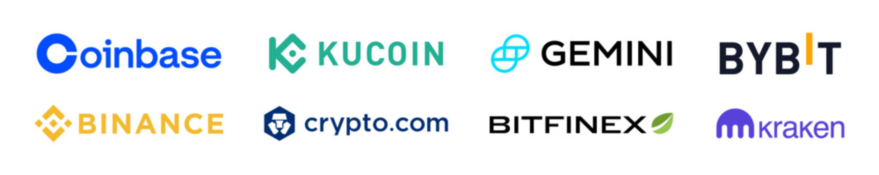 Cryptocurrency Exchange logos vector icons set. Cryptocurrency Exchange company logos. Binance,Kucoin, Kraken, Gemini, Bybit. Rivne, Ukraine - July 13, 2025
