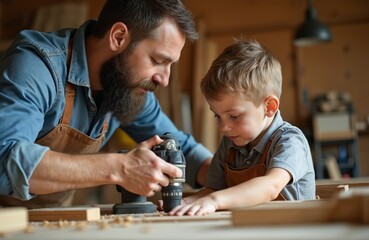 Father and son bonding in a woodworking workshop. Man guides boy using an electric sander on wood planks. Focused learning and practical skill development during shared hobby time.