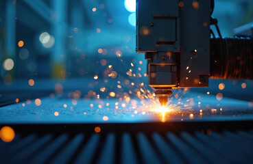 CNC laser machine cuts sheet metal, emitting sparks. Modern steel technology in blue tones showcases precise fabrication. Focus on automated industrial process, high-tech manufacturing.