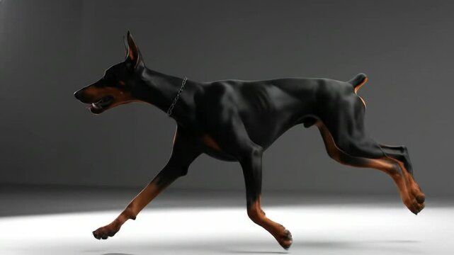 A stylized Doberman Pinscher in motion with precise lighting on a gray backdrop