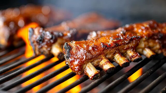 Succulent bbq ribs grilling over open flames in slow motion
