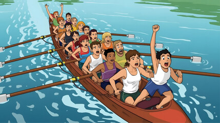 Animated illustration of a vibrant traditional rowing boat race with a full team rowing in synchronization, led by a passionate cheerleader at the front, surrounded by a cheering crowd along the water
