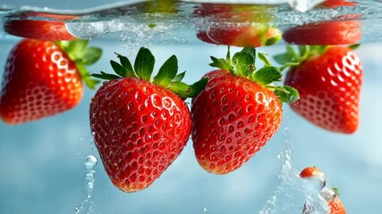 Fresh strawberries splashing enthusiastically underwater with air bubbles rising - Powered by Adobe
