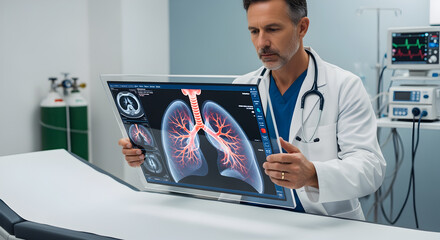 Male doctor examines digital lungs image on transparent screen
