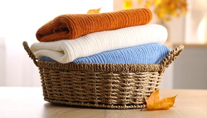 Obraz premium Knitted sweaters in a wicker basket