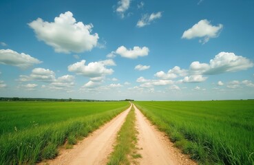 Fototapeta premium Sandy dirt road winds through vibrant green summer field under a bright blue sky with fluffy white clouds. This rural landscape offers a serene, natural scene perfect for travel or countryside themes.
