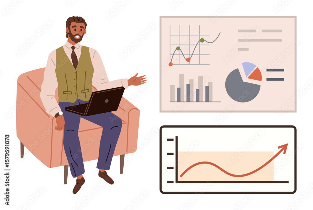 Poster man seated with a laptop gestures toward multiple charts displaying trends and analysis. ideal for p