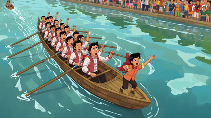 Animated illustration of a vibrant traditional rowing boat race with a full team rowing in synchronization, led by a passionate cheerleader at the front, surrounded by a cheering crowd along the water