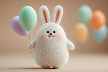 Adorable White Bunny Holding Pastel Balloons in 3D Render