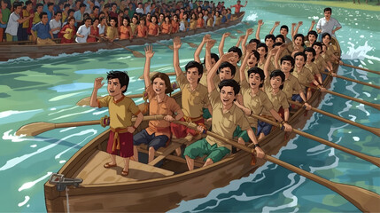 Animated illustration of a vibrant traditional rowing boat race with a full team rowing in synchronization, led by a passionate cheerleader at the front, surrounded by a cheering crowd along the water