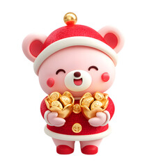 Cute Pink Bear in Festive Outfit Holding Gold Ingots