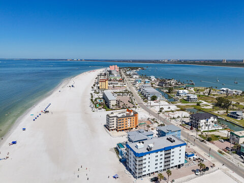 Beachfront resorts and condos near downtown Fort Myers Beach on Estero Island, southwest Florida in Lee County