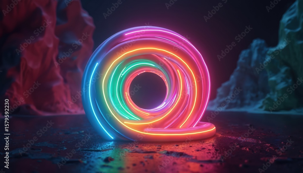 Poster abstract 3d render glowing, twisted neon spiral in vibrant rainbow colors against dark, textured bac