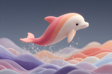 Cute Pink Dolphin Leaping over Abstract Pastel Waves